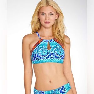 NWT La Blanca High Neck Bikini Top Blue Orange Multi Size 14